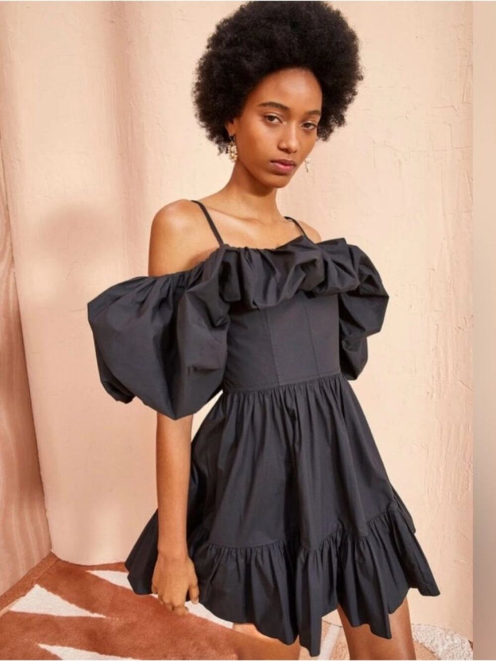 NWT ULLA JOHNSON Lila cold-shoulder gathered cotton-poplin mini dress black sz 0
